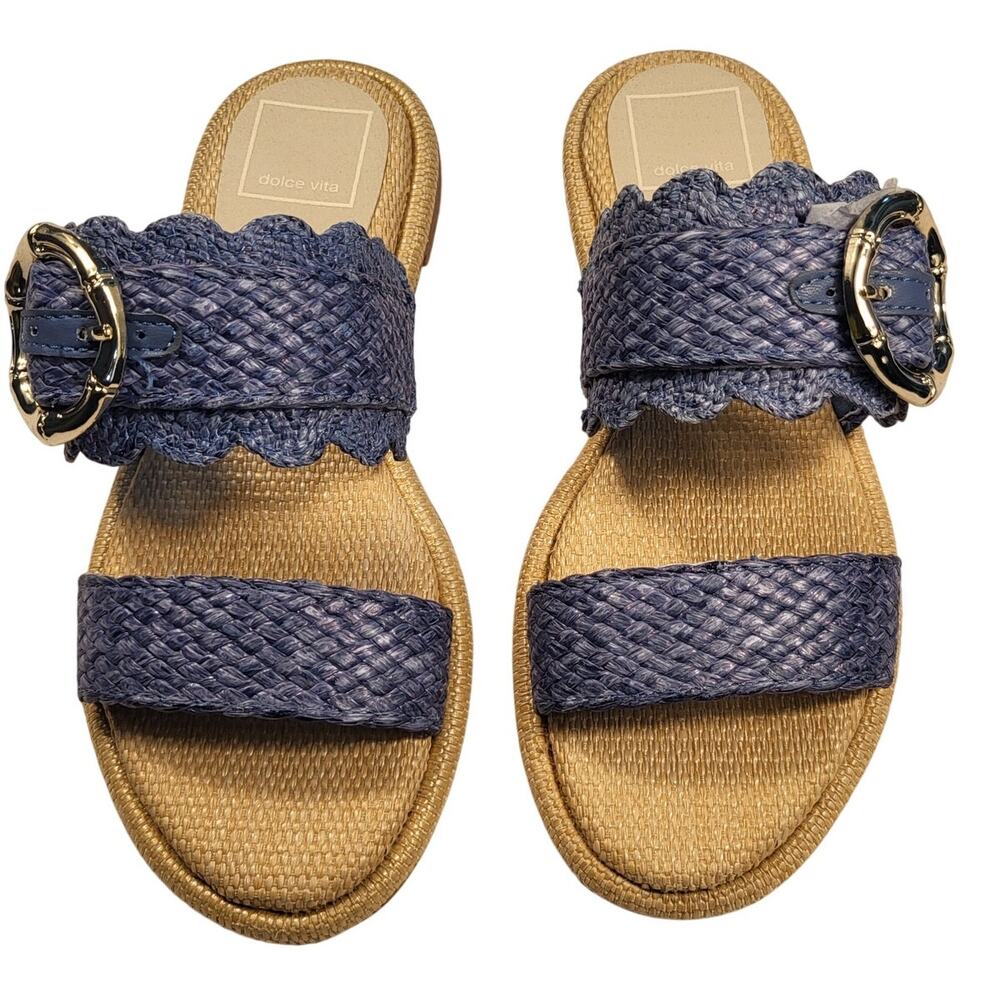 New Dolce Vita Alroy slide sandals featuring blue woven raffia straps size 5